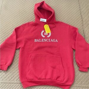 BALENCIAGA Hoodie Sweatshirt Fleece LARGE Red BB LOGO Unisex Urban Designer  NWT